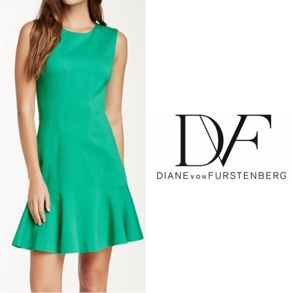 Diane Von Furstenberg Kelly Green Ponte Knit Fit and Flare Jaelyn Dress 10 - Picture 1 of 9